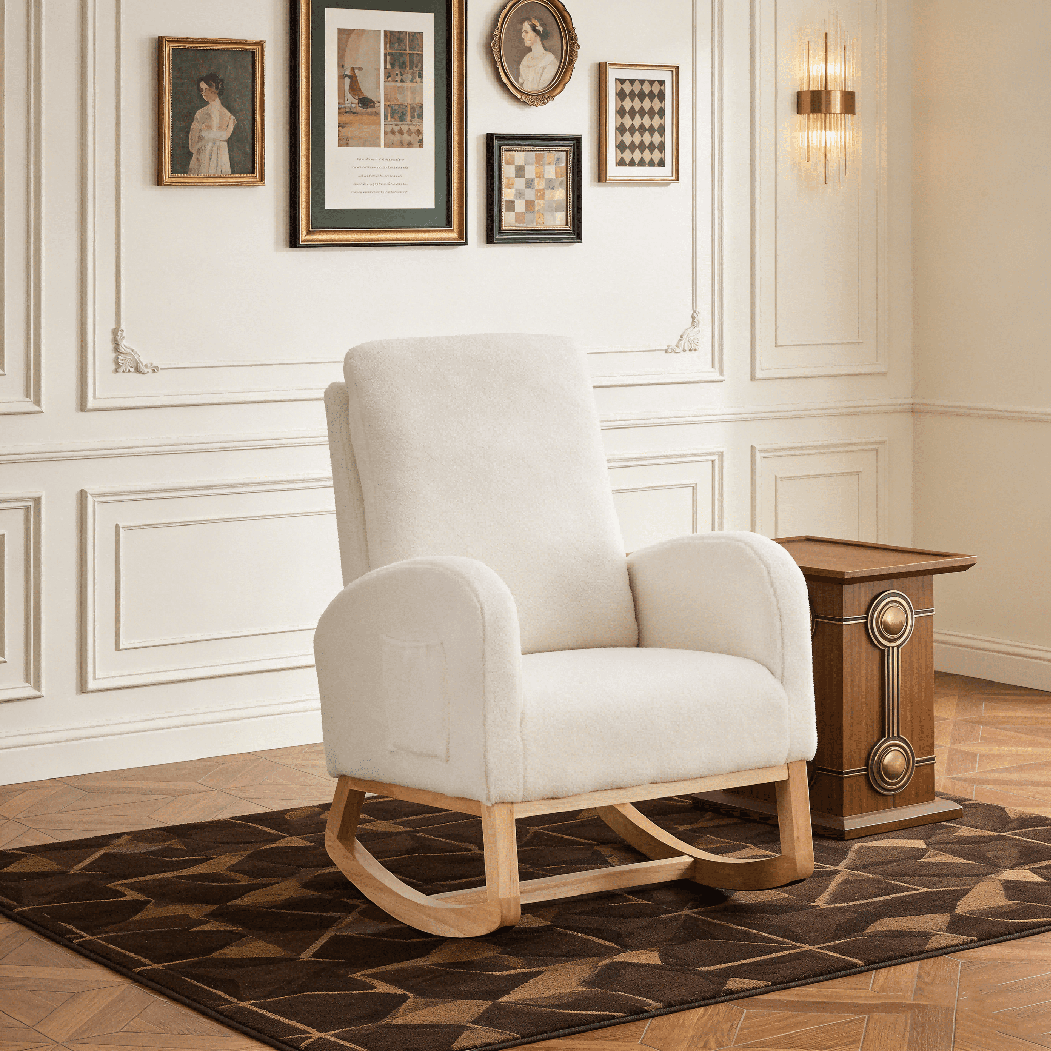 27.2"W Sherpa Rocking Chair for Nursery with High Back and Side Pocket - Cozy Glider Rocker with Rubber Wood Legs, Comfortable Accent Armchair for Living Room, Bedroom, Reading Nook, Ivory