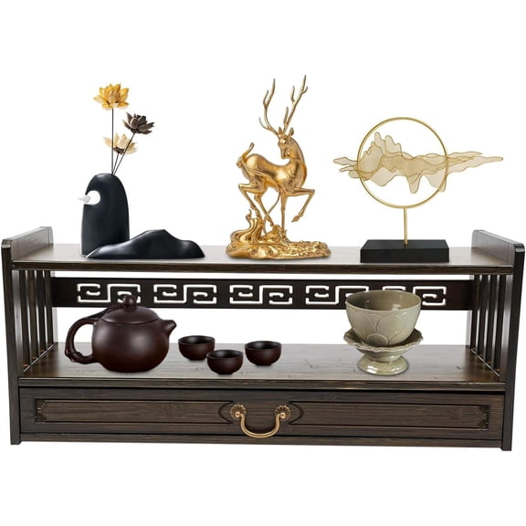 27.2 in Bamboo Meditation Altar Table with Drawer, Rectangular Floor Desk for Puja, Prayers & Rituals  Walnut