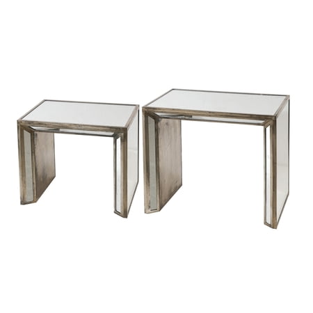27, 21 Inch Nesting Side Table Set of 2, Mirrored Wood Frame, Silver- Saltoro Sherpi