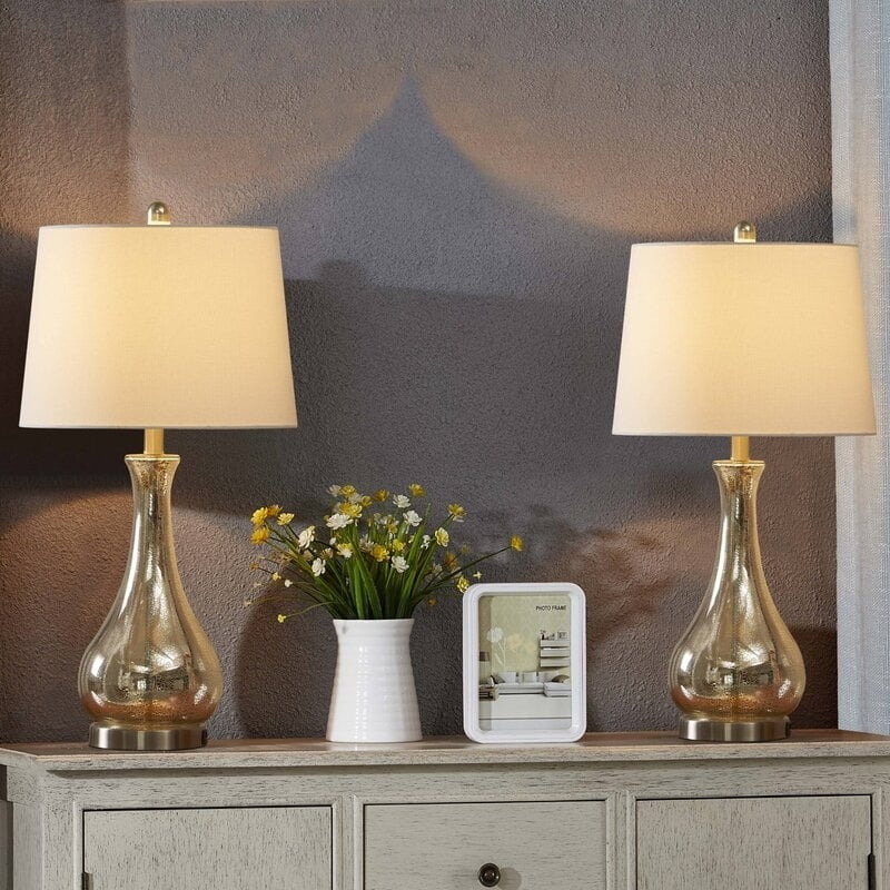 27.25" Gold Glass Table Lamp Set with USB Ports