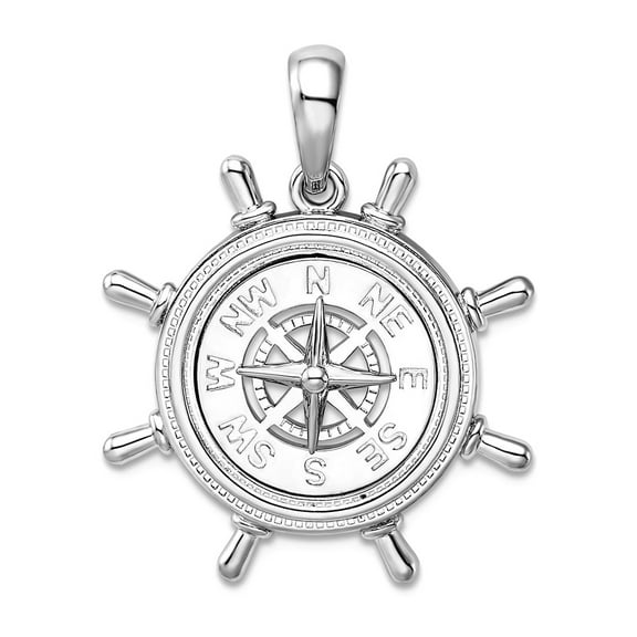27.25mm 925 Sterling Silver Rhodium Plated Polished Ships Wheel With Compass Pendant Necklace Pendant for Women