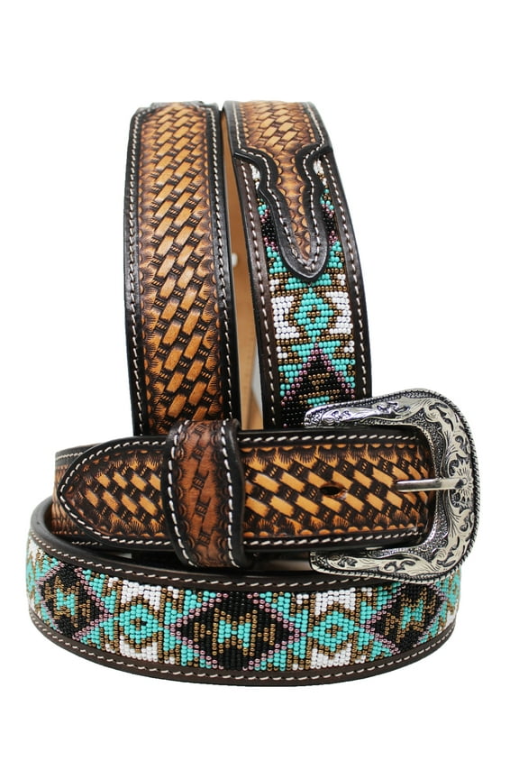 27-28 Men's 1.5" wide Western Tooled Floral Genuine Leather Beaded Belt 26RT08