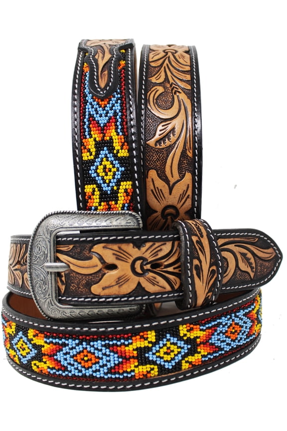 27-28 Unisex 1.5" Western Floral Tooled Beaded Full-Grain Leather Belt 26RT23A