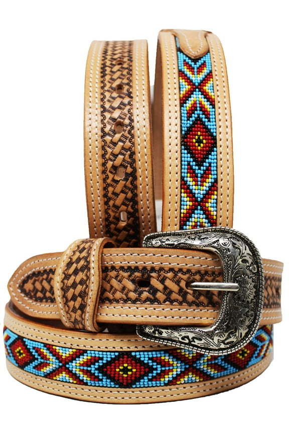 27-28 Unisex 1.5" Western Floral Tooled Beaded Full-Grain Leather Belt 26RT31