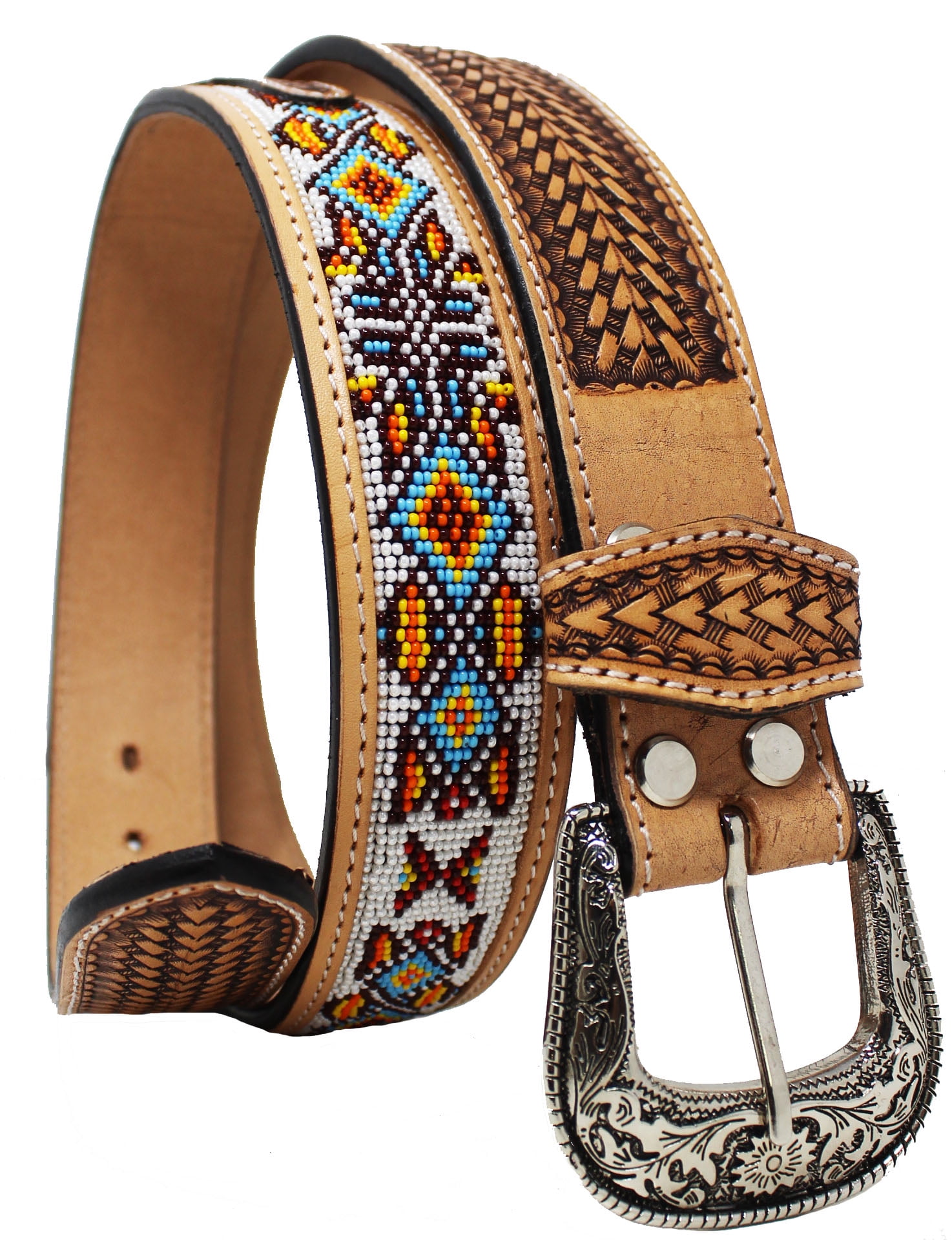 Genuine Full Grain Western Floral Engraved Tooled Leather Rhinestone Buckle  Belt 1-1/2(38mm) Wide