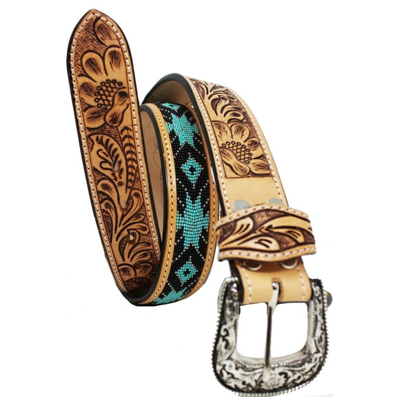 27-28 Unisex 1.5" Western Floral Tooled Beaded Full-Grain Leather Belt 26RT38B