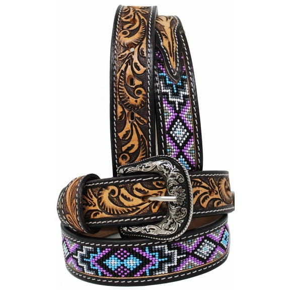 27-28  Unisex 1.5" Western Floral Tooled Beaded Full-Grain Leather Belt 26RT42B