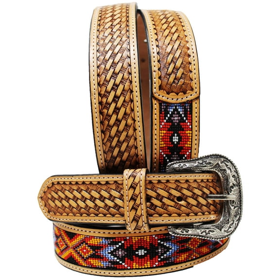 27-28  Western Antique Basket Weave Tooled Beaded Full-Grain Leather Belt 26FK51
