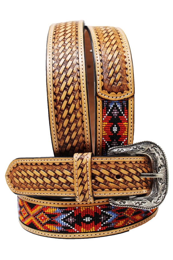 27-28 Western Antique Basket Weave Tooled Beaded Full-Grain Leather Belt 26FK51