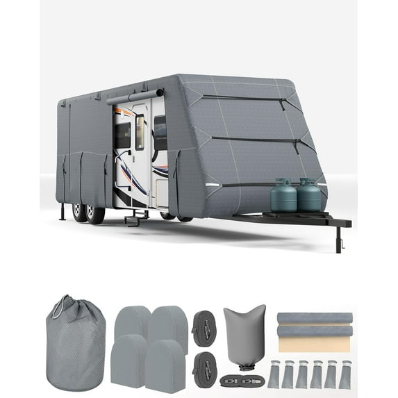 27'-30' Heavy-Duty Travel Trailer RV Cover | 7-Layer Rip-Stop, UV/Water/Windproof Camper Cover with Extra Straps & Tire Covers