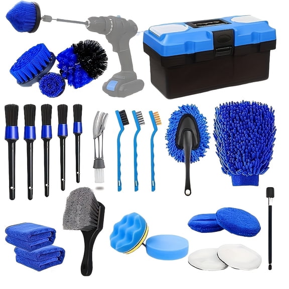 27 32pcs Car Cleaning And Washing Kit with Powerful Handheld Vacuum Cleaner, Brush Set, Windscreen Tool, Gel, Duster, Towel, Tyre Brush, Complete Car Care Tools, Blue