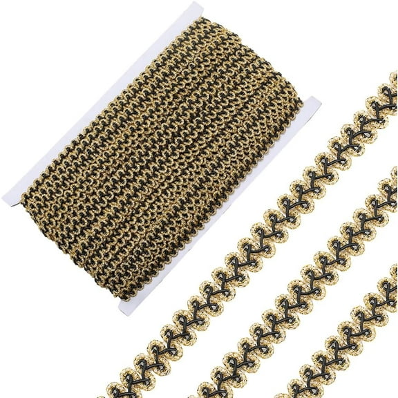 27.34 Yards Black Gimp Braid Trim Sparkle Gold Wave Lace Edging Upholstery Woven Ribbon Polyester Vintage Applique Glitter Ribbons for Sewing Making Gift Wrapping Curtain Clothes Decor DIY