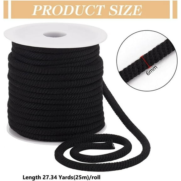 27.34 Yards Black Thread Cord 6mm Polycotton Drawstring Replacement Soft Rope with Plastic Spool Cord for Coats Pants Shorts Shoes Crafts