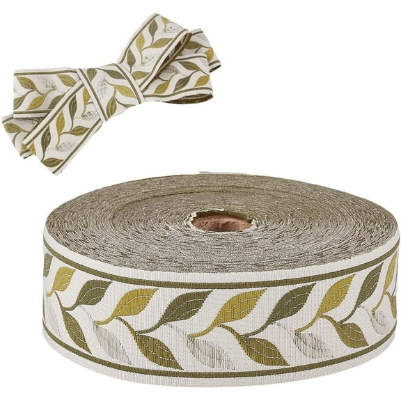 27.34 Yards Jacquard Ribbon Trim 1.4 Inch Green Leaf Pattern Fabric Sewing Polyester Embroidered Ribbon for DIY Clothing Curtain Bag Belts Decoration Home Decor