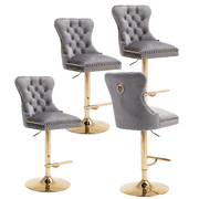 27-36 Inch Velvet Bar Stools, Counter Height Adjustable Swivel Barstools High Chairs with Golden Metal Base, Stools Chair with Tufted High Back & Ring Pull for Home Kitchen Island, PubGrey,Set of 4
