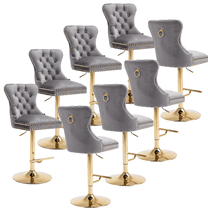 27-36 Inch Velvet Bar Stools, Counter Height Adjustable Swivel Barstools High Chairs with Golden Metal Base, Stools Chair with Tufted High Back & Ring Pull for Home Kitchen Island, Pub(Grey,Set of 8)