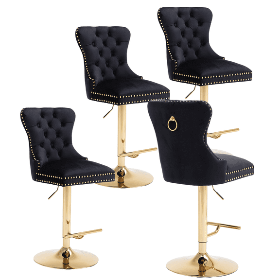 27-36Inch Velvet Bar Stools, Counter Height Adjustable Swivel Barstools High Chairs with Golden Metal Base, Stools Chair with Tufted High Back & Ring Pull for Home Kitchen Island, Pub(Black,Set of 4)