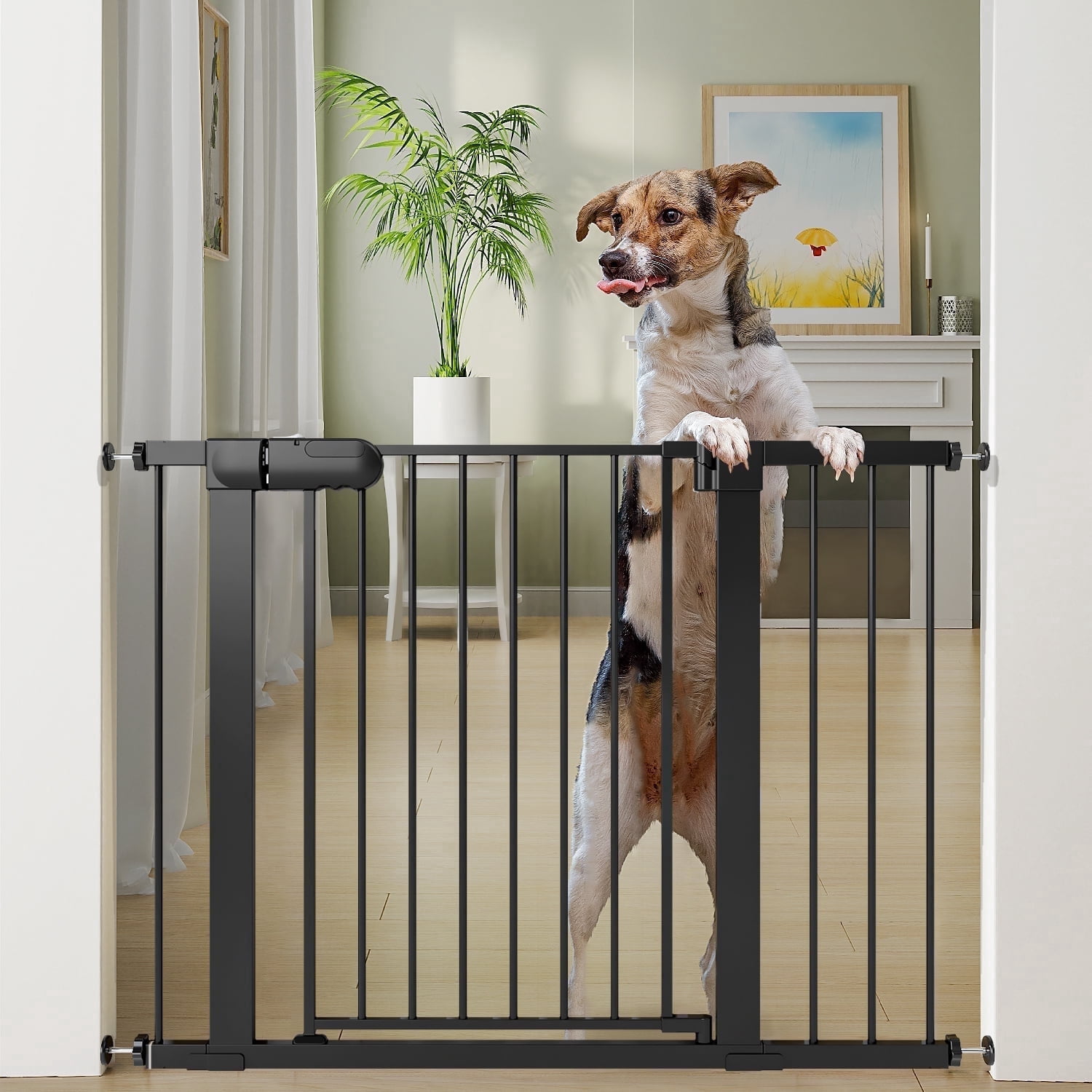 27-43" Baby Gate for Stairs, Dog Gate for Doorways, Pressure Mounted Pet Gates for Dogs Indoor, Durable Safety Child Gate with Easy Walk Thru Door, Black