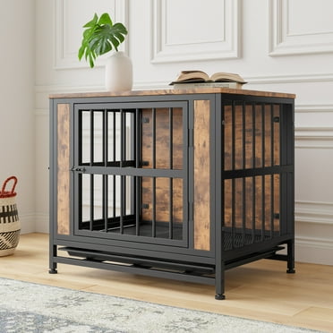 27.48" Dog Crate Furniture, Wooden Dog Crate Table Dog Kennel with 2 Sliding Doors and Thick Iron Door Frame, Indoor Decorative Pet Crate House for Small Medium Dog, Rustic Brown