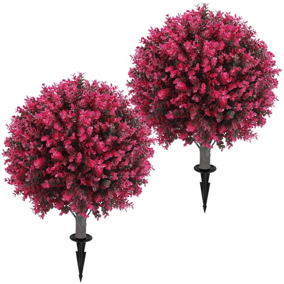 XUESON 24 Inch Artificial Red Eucalyptus Topiary Ball Trees Set of 2, UV Resistant Faux Plants with Ground Spike, Indoor Outdoor Porch Garden Decor