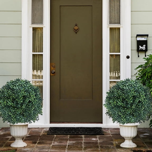 27.5" Artificial Boxwood Topiary Ball Tree with Ground Spike, Set of 2 Artificial Cedar Bushes