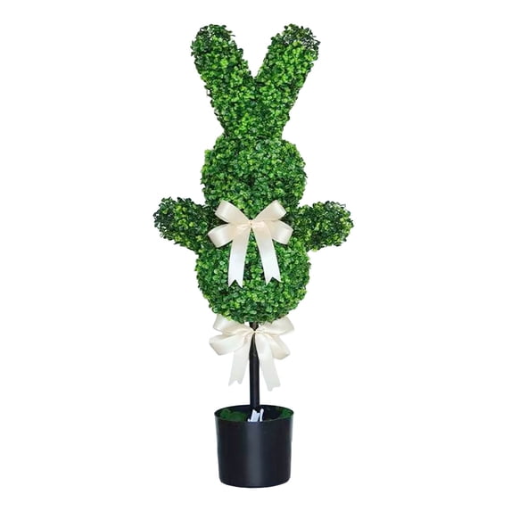 27.5'' Artificial Bunny-Shaped Topiary Tree Pot UV-Resistant Bowknot,Faux Boxwood Topiaries Plant for Porch Decor Outdoor/Indoor
