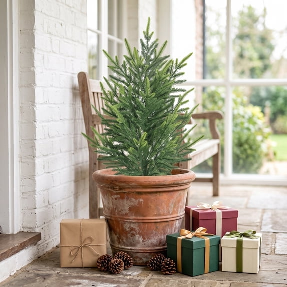 27.5" Artificial Christmas Pine Tree, Realistic Needle Branches Rustic Farmhouse Festive Decor, Outdoor Faux Pine Plants for Garden Patio Front Porch