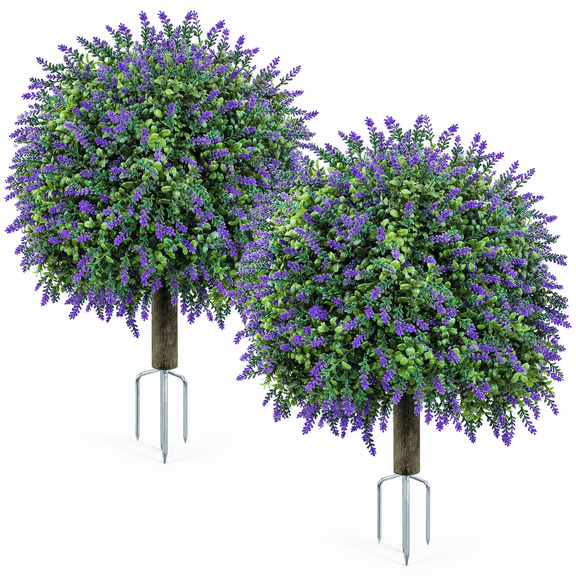 27.5" Artificial Lavender Topiary Ball Trees, 2 Pack UV Resistant Fake Evergreen Shrubs Bushes Plants with Metal Ground Spike, Fake Plants for Outdoor Indoor Front Porch Garden Decor