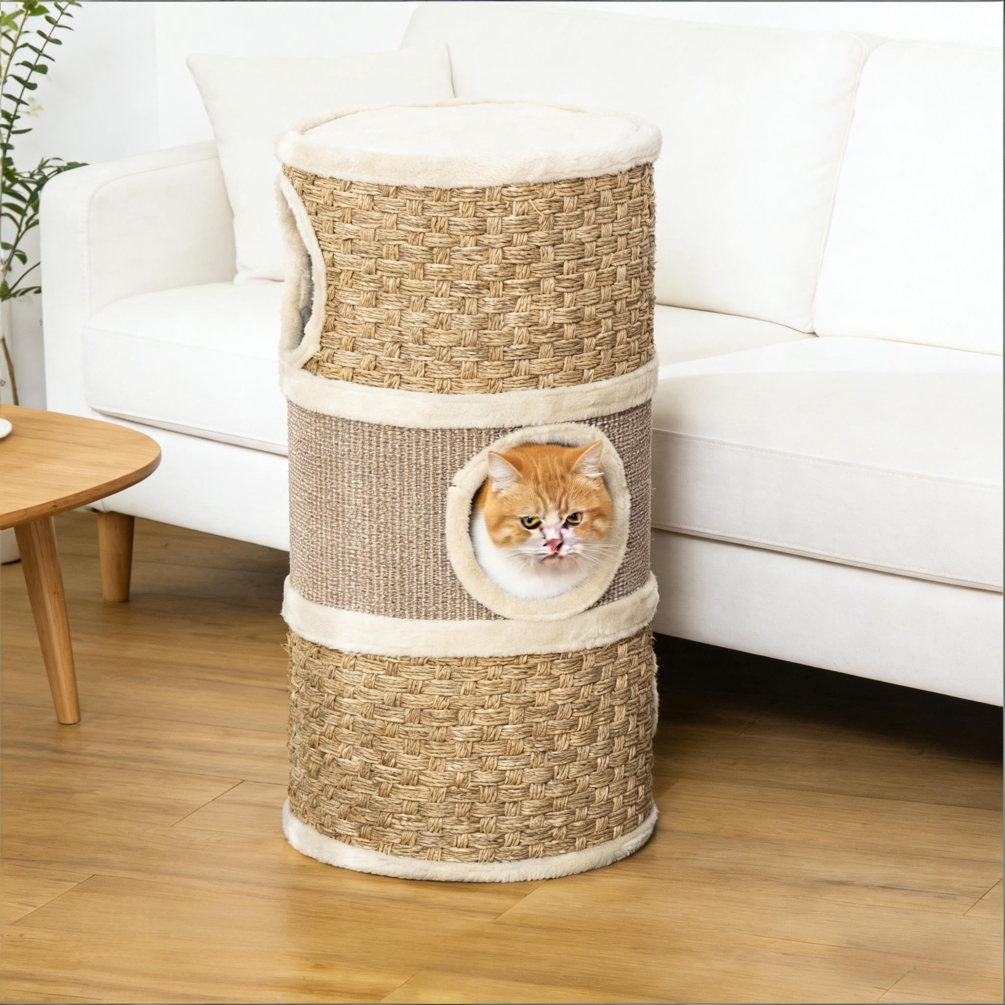 27.5" Cat Condo Barrel Shaped Cat Hideaway, 3-Tier Cat Tower with Plush Lining, Sisal & Seaweed Scratching Pads, Sturdy Particleboard No Assembly Cat House for Cats Under 9 lbs