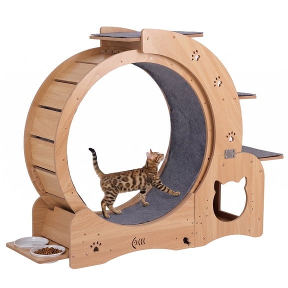 27.5" Cat Exercise Wheel for Indoor Cats, Quiet Cat Running Treadmill with Bowls, Multi-Level Perches & Cat Cave, Cat Exerciser for Weight Loss & Daily Activity