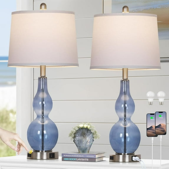 27.5" Coastal Blue Glass Double Gourd Table Lamp Set of 2,3-Way Dimmable Touch Control Bedside Lamps with USB Ports and AC Outlet, Nautical Nightstand Lamps for Bedroom Living Room