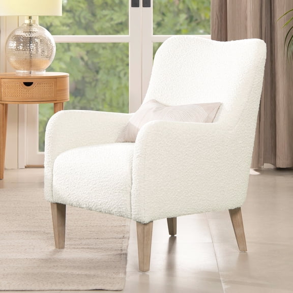 27.5" Curved Chair, White Boucle Fabric, Rounded Back & Arms, Foam Filled, Solid Wood Legs, Fashionable Style Accent