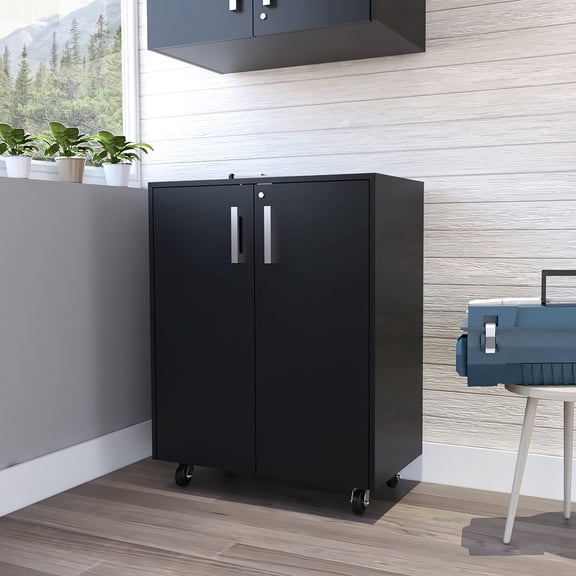27.5" Double Door Base Cabinet with Interior Shelves | Casters and Lock for Mobile Storage | Particle Board and Metal Components | Solves Mobile Storage Requirements