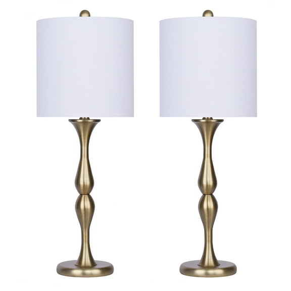 27.5" Gold Plated Table Lamp w/ Baluster-Inspired Body & White Linen Drum Shade (Set of 2)