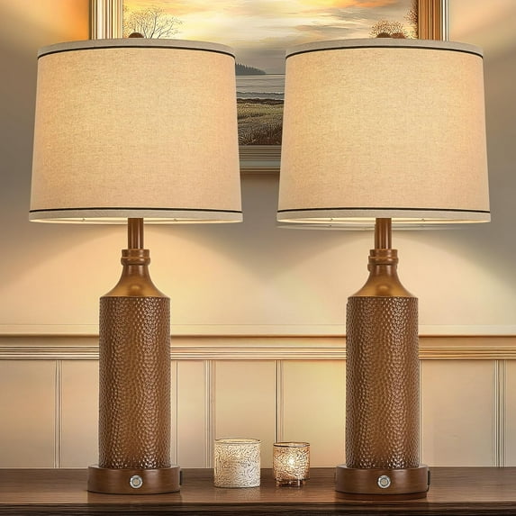 Ahot 27.5" H 3-Way Dimmable Touch Control Table Lamp with USB A+C Ports, Vintage Walnut Finish Resin Bedside Farmhouse Table Lamp Set of 2,for Living Room,Bedroom,Office
