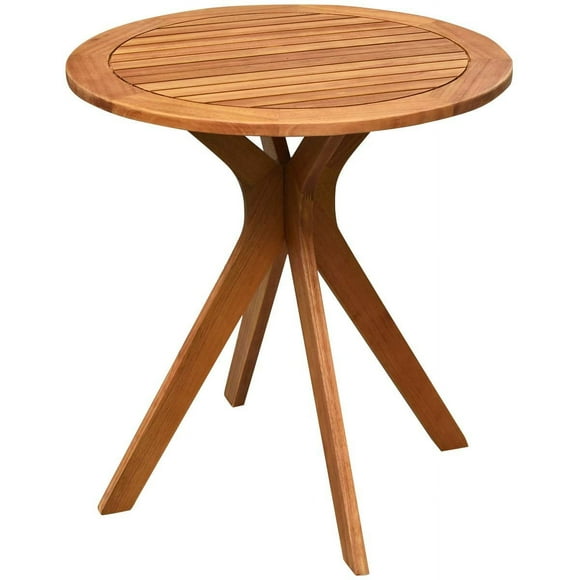 27.5 Inch Eucalyptus Wood Outdoor Patio Bistro Table, Round Wooden Table w/X Base, Coffee Side Bistro Table for Garden, Backyard, Patio, Living Room (Teak)