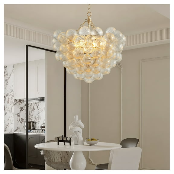 27.5-Inch Gold Pendant Light Chandelier with Threaded Clear Glass Globe Shade – Adjustable Height, Ideal for Living Room, Dining Room, Kitchen (No Bulbs)