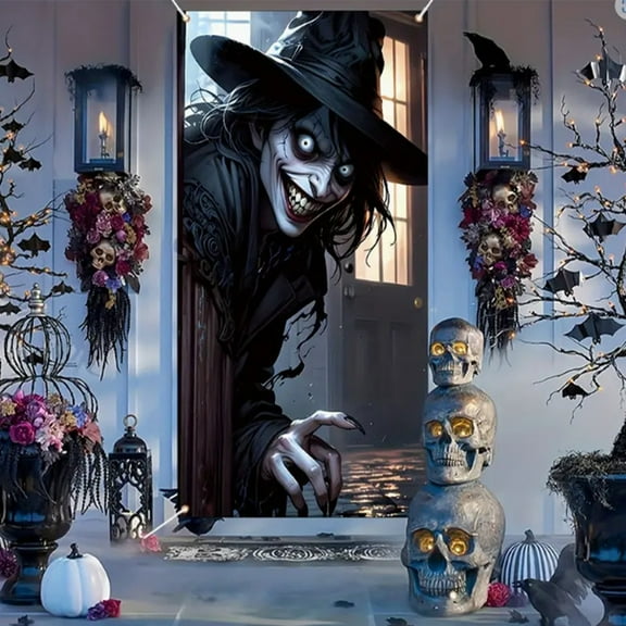 27.5 Inch Halloween Door Curtain - Animated Witch Decoration for Porch, Party & Storefront, Polyester Reusable Holiday Decor with Hanging Ropes (Multicolor)
