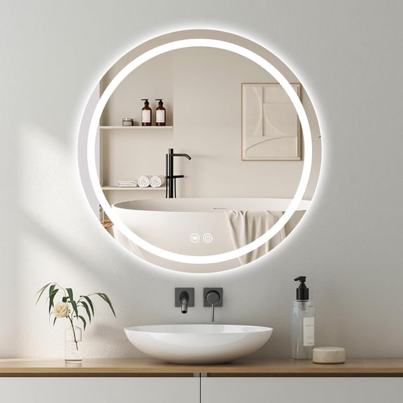 27.5 Inch Led Bathroom Mirror with Lights, Backlit + Front Lit, Round Lighted Vanity Mirror for Wall, Bathroom Led Mirror with Anti-Fog, Wall Mounted, Shatter-Proof (Round)