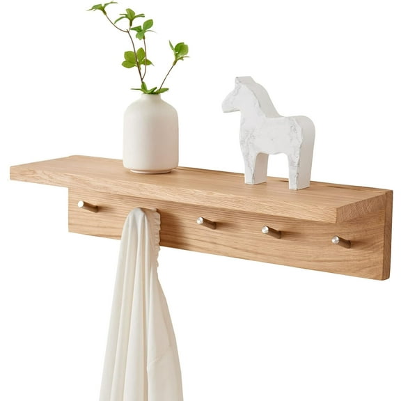 27.5-Inch Oak Wood Wall Shelf with 6 Hooks - Entryway Floating Coat Rack for Bathroom Mudroom