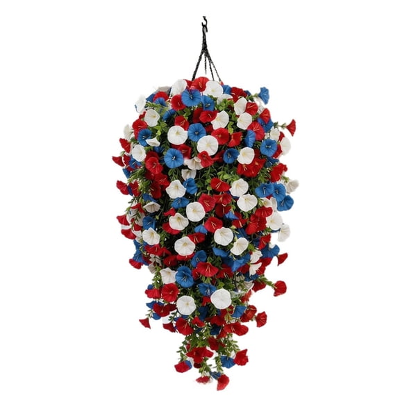 27.5 Inch Tricolor Patriotic Artificial Flower Basket, Hanging Morning Vine Fake Plant, Red White Blue 4th of July Outdoor Porch Decoration