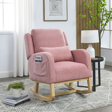 27.5-Inch Wide Rocking Chair, High Back Nursery Chair with One Lumbar Pillow, 2 Side Storage Pockets, Solid Wood Legs, Modern Accent Leisure Single Sofa Rocker for Bedroom, Living Room, Office, Pink