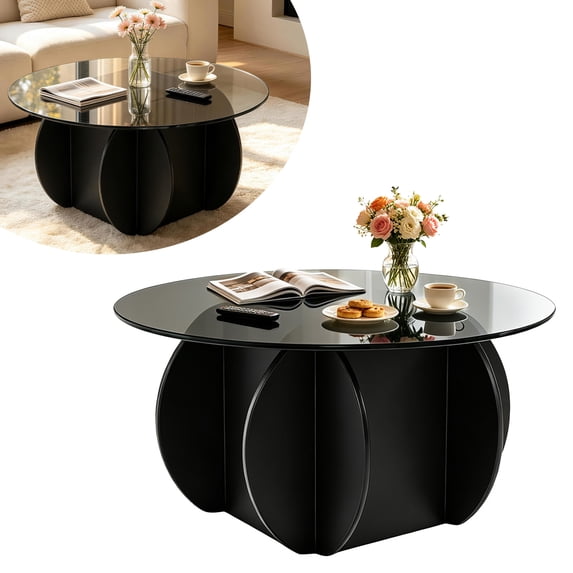 27.5 Inches/31.5 Inches Round Coffee Table, Tempered Glass Top Mid Century Modern Coffee Table, Center Table with Wood Base for Living Room, Office