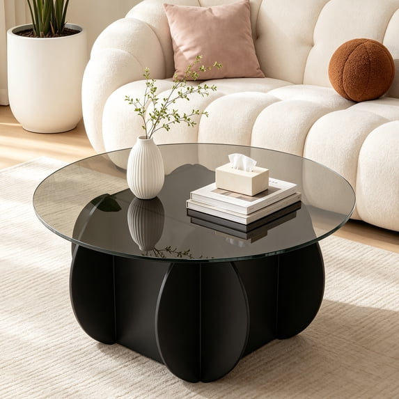 27.5 Inches/31.5 Inches Round Coffee Table, Tempered Glass Top Mid Century Modern Coffee Table, Center Table with Wood Base for Living Room, Office