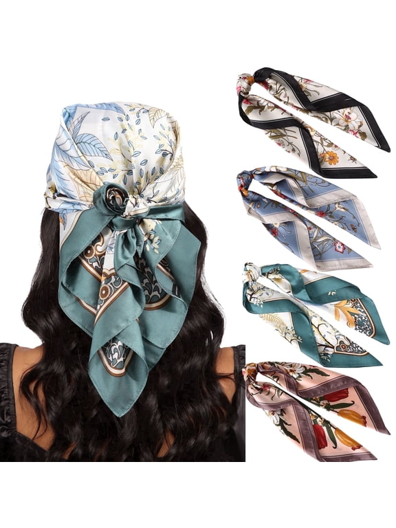 27.5 Inches Silk Feeling Square Head Scarf - 4 Pcs Satin Square Head Scarves for Women Hair Bandanas Head Kerchief