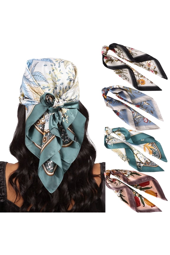 27.5 Inches Silk Feeling Square Head Scarf - 4 Pcs Satin Square Head Scarves for Women Hair Bandanas Head Kerchief