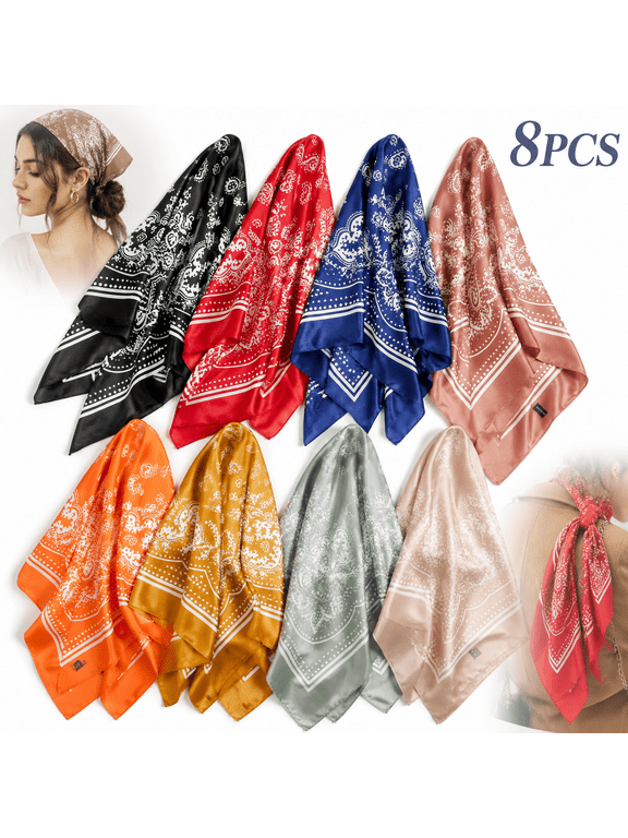 27.5 Inches Silk Head Scarf for Women Men Vintage Bandanas Satin Hair Scarf Silk Wrap Neck Square Scarves8Pack