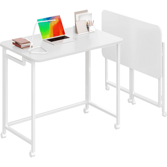 27.5" Mobile Small Rolling Computer Desk, Folding Laptop Cart Table with Wheels, Portable Office Desk for Small Space Couch Bed - All White