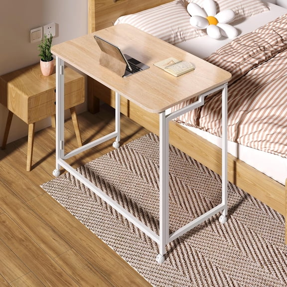 27.5" Mobile Small Rolling Computer Desk, Folding Laptop Cart Table with Wheels, Portable Office Desk for Small Space Couch Bed - Natural and White