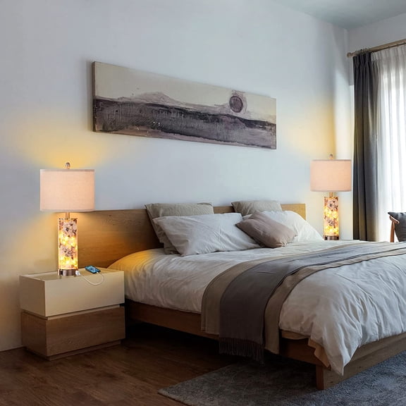 27.5" Modern Table Lamp for Living Room Set of 2,3 Way Dimmable Bedside Touch Lamp with USB Ports and Fairy Lights,Coastal Table Lamps Nightstand Lamps for Bedroom (Bulb Included)
